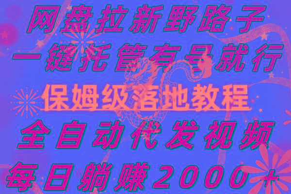 网盘拉新野路子，一键托管有号就行，全自动代发视频，每日躺赚2000＋，…