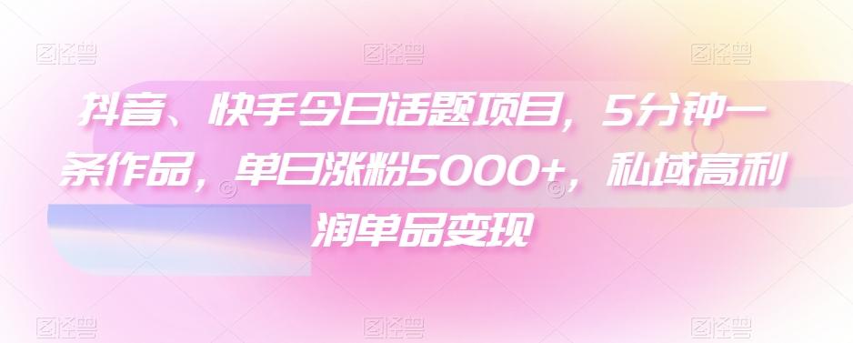 抖音、快手今日话题项目，5分钟一条作品，单日涨粉5000+，私域高利润单品变现
